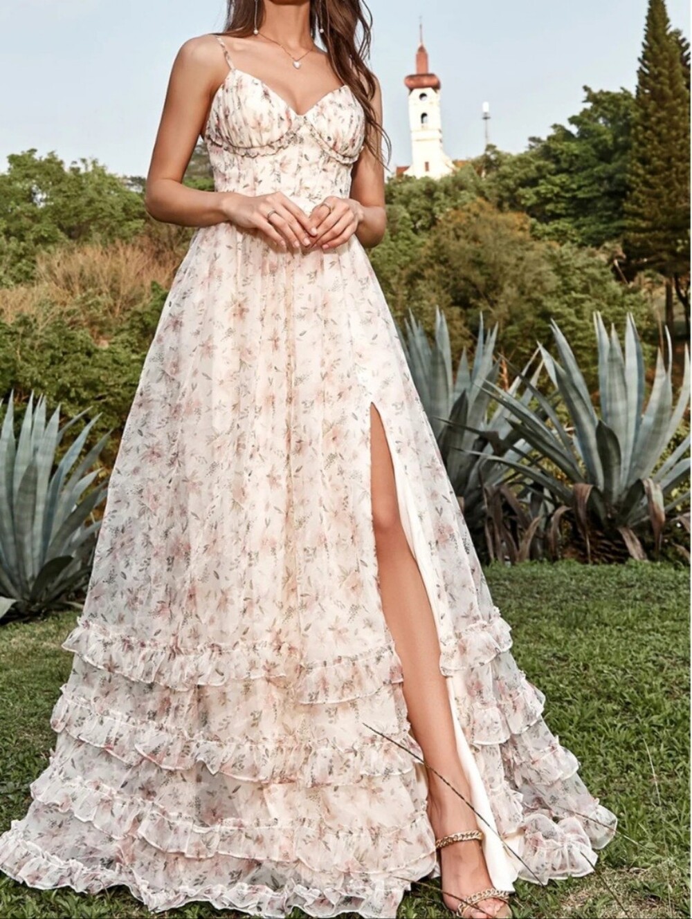 Zapaka Floral Ruffle Maxi Dress with Side Slit - Cream Floral